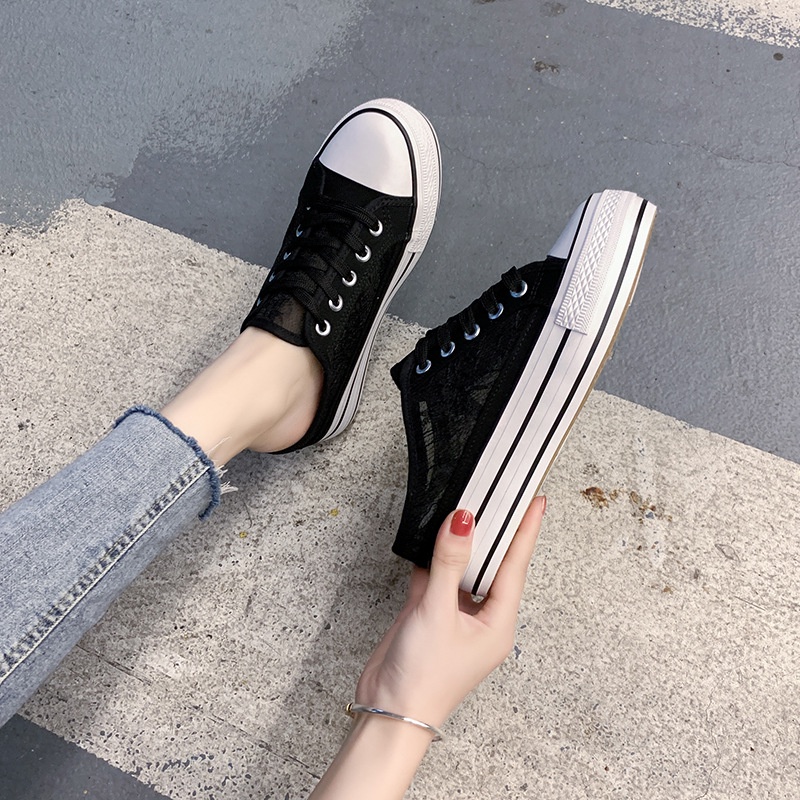 Giày Lười Canvas Phối Lưới Xuyên Thấu Đế Dày Tăng Chiều Cao Thời Trang Hàn Quốc 2022 Cho Nữ