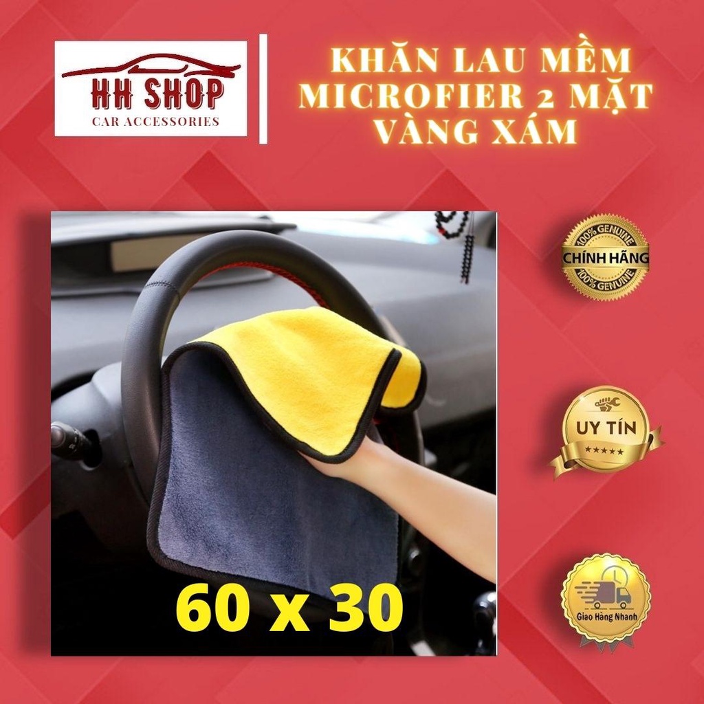 Khăn Lau ô tô Microfiber 2 Mặt Vàng - Xám 💲Giá Gốc💲 Siêu thâm cực dầy cỡ chữ nhật to 60x30 - Khăn lau đa năng