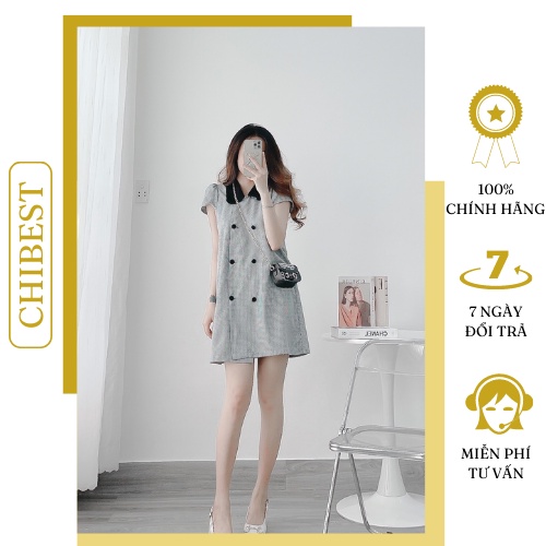 Đầm suông caro ziczac nút bọc phối cổ sen CHIBEST 𝐀𝐃𝐁𝟗𝟏𝟏