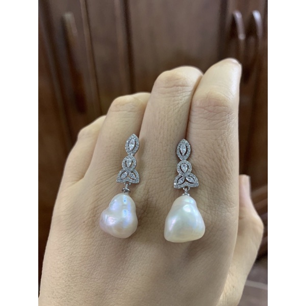 Khuyên tai bạc thật phủ vàng trắng ngọc dày xà cừ bóng NGỌC MẬU