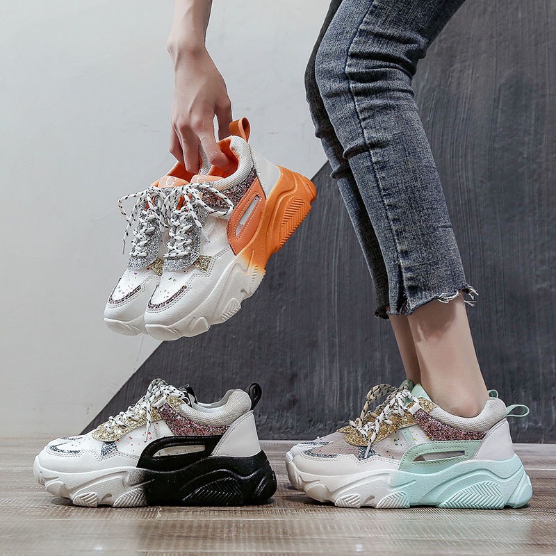 (Sẵn Hàng Full Box) Giày nữ,giày thể thao sneaker lưới thoáng nhũ kim tuyến đế 2 màu siêu đẹp