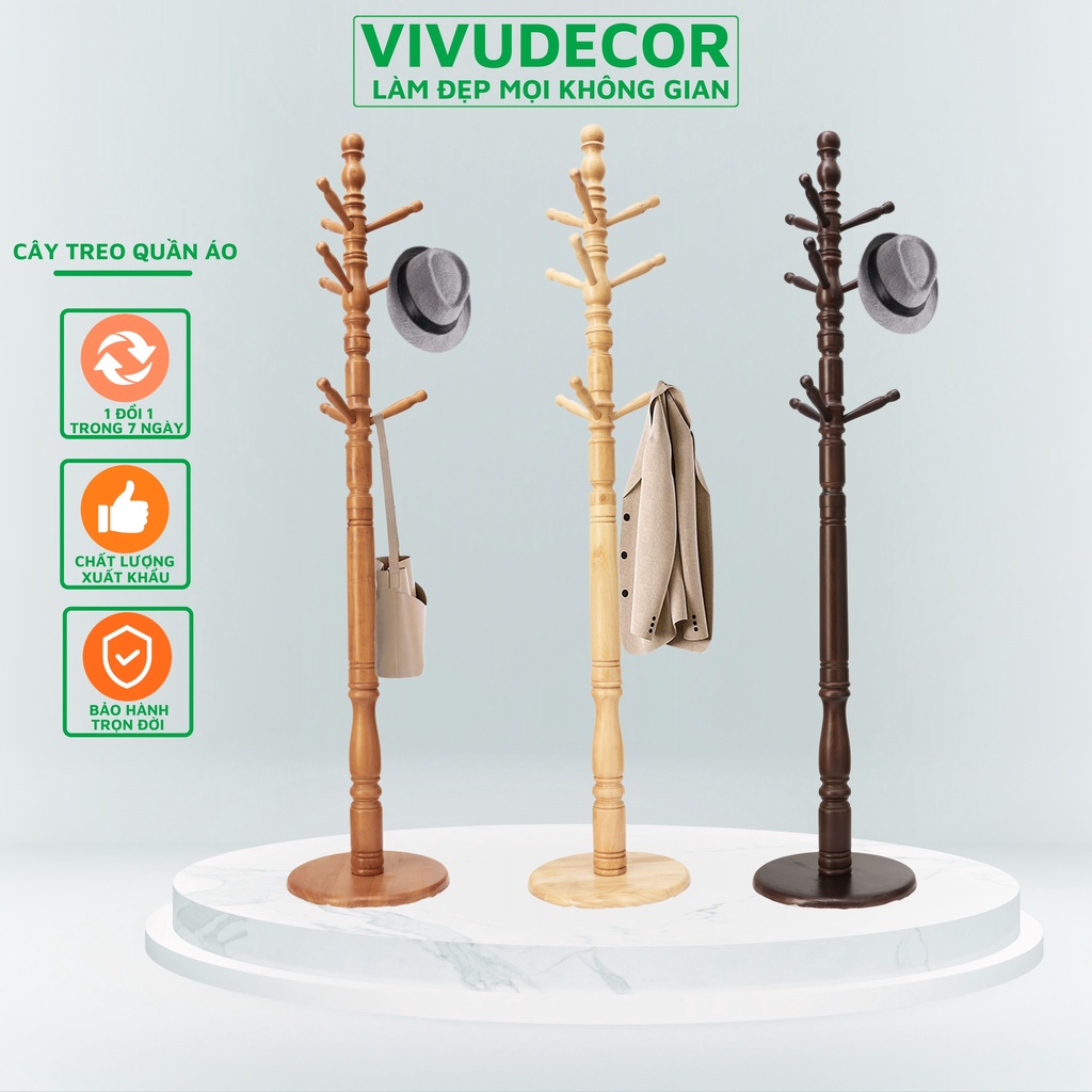 Cây Treo Quần Áo Vivudecor 100% Gỗ Tự Nhiên, Cây Treo Đồ PQ 9 Nhánh Lắp Ráp Xuất Khẩu Hàn Quốc.