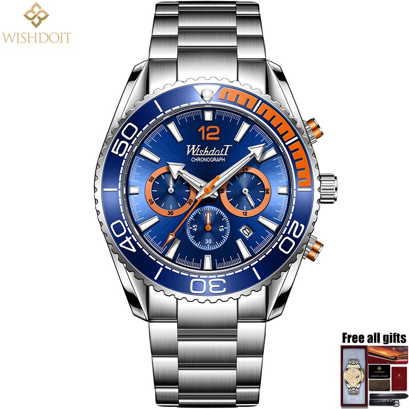 Đồng hồ quartz WISHDOIT dành cho nam chống nước bằng thép không gỉ màu đen dây đeo cao su | BigBuy360 - bigbuy360.vn