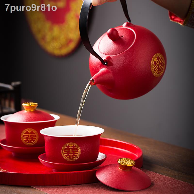 ☾ ☂ Đôi tân hôn đổi miệng coi trọng chén trà, hai đôi bốn bộ trà, mâm đỏ, ấm chén, đồ cưới, đồ dùng trong đám