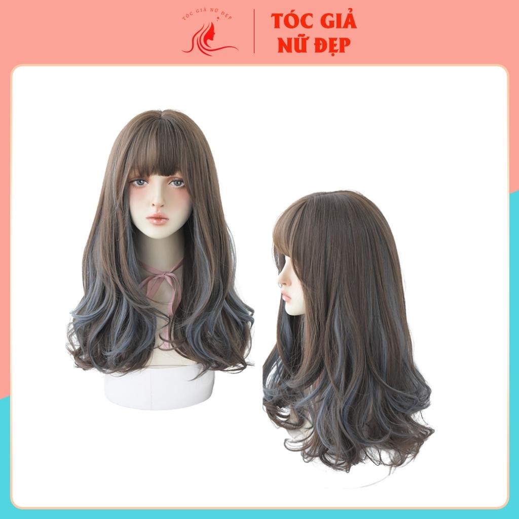 Tóc giả nữ đẹp nguyên đầu xoăn lửng phối line xanh coban, TGND, C8267