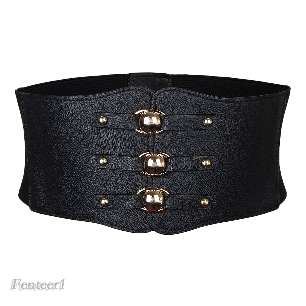 Thắt lưng da bản rộng co giãn phối khóa và đinh tán kim loại màu vàng phong cách vintage thời trang cho phụ nữ