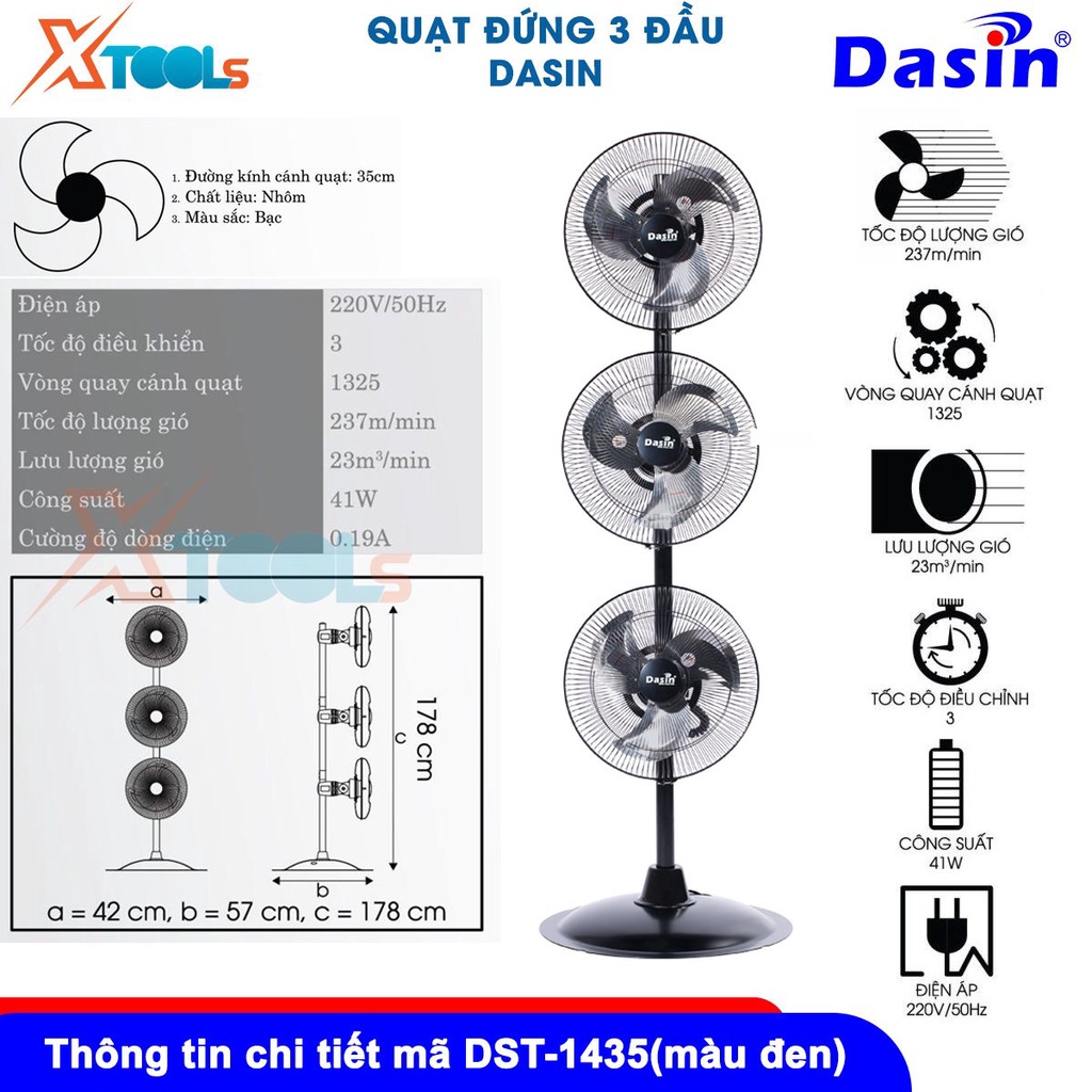 Quạt đứng 3 đầu Dasin Công suất: 41W-76W, hai màu: đen, bạc, Chất liệu: Nhôm, Quạt đứng công nghiệp [CHÍNH HÃNG][XTOOLS]