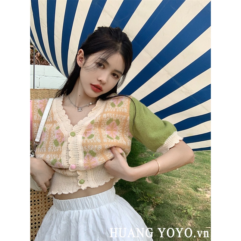 Kumikumi Áo cardigan Dệt Kim Tay Phồng Cổ Chữ v In Họa Tiết Hoa Phối Màu Thời Trang Phong Cách Hàn Quốc Cho Nữ