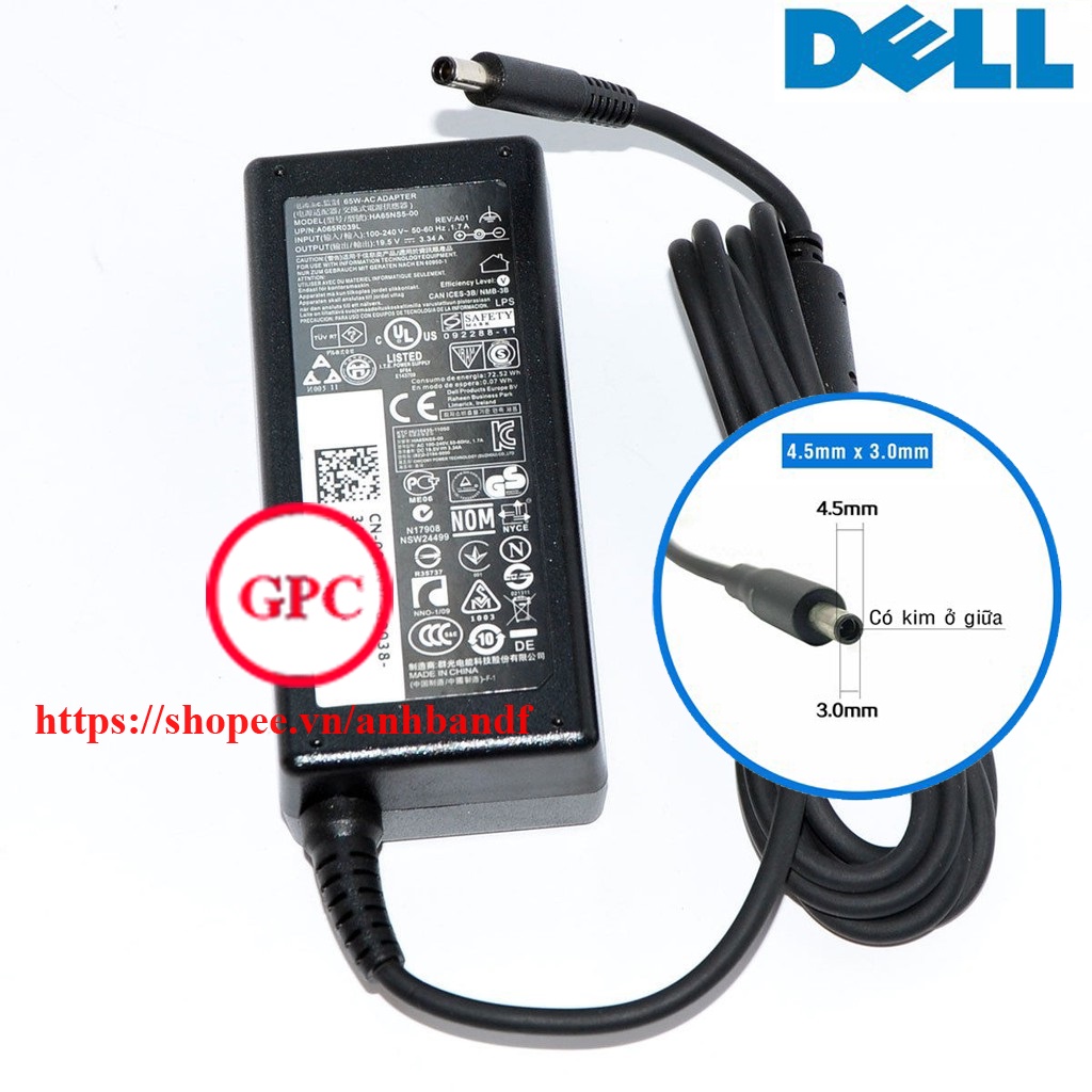 Sạc Laptop Dell chân kim nhỏ ZIN 19.5V – 3.34A/4.62A Adapter Dell 5568 3558 3458 3559