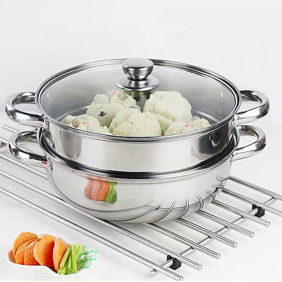 Nồi Hấp 2 Tầng Hotpot Chất Liệu Inox Size 28cm, Nồi Lẩu Vung Kính Kiêm Nồi Hấp Đa Năng