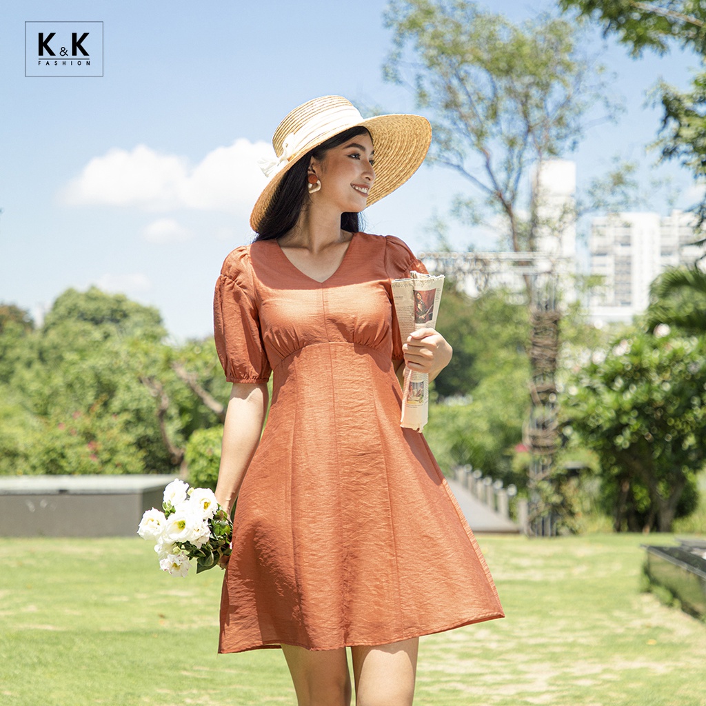 Váy Chữ A Công Sở K&K FASHION KK106-21 Chiết Eo Tay Phồng Vải Voan Màu Cam