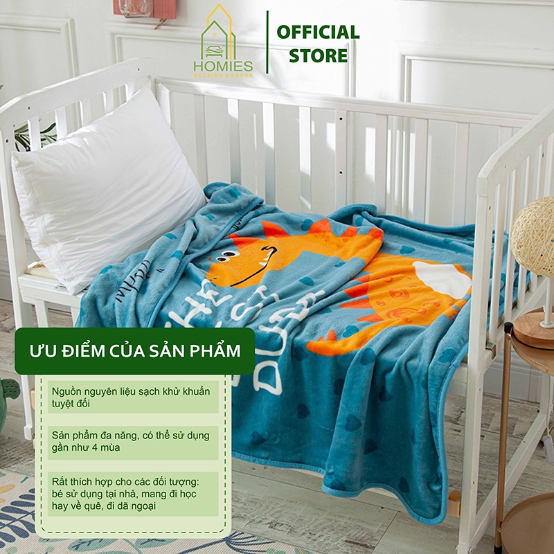 Chăn tuyết nhung cho bé đi học hình ngộ nghĩnh chất tuyết nỉ nhung mềm mịn, KT 1m x 1m4