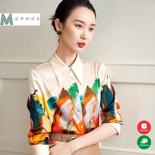 Áo sơ mi nữ kiểu đa sắc vải lụa sang trọng dáng dài tay công sở Mophus EA21021