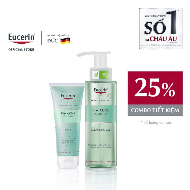 [Ưu Đãi 25%] Bộ sản phẩm giảm mụn Eucerin Pro Acne (Gel rửa mặt 200ml &amp; Tẩy tế bào chết 100ml