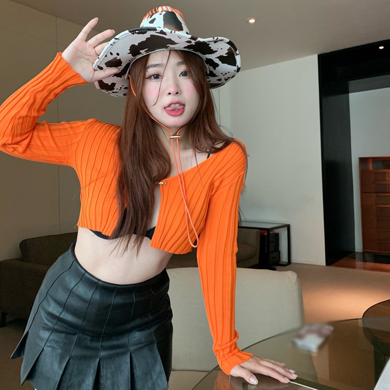 Áo Croptop Dệt Kim Tay Dài Cổ Chữ V Khoét Sâu Màu Sắc Thanh Lịch Cho Nữ