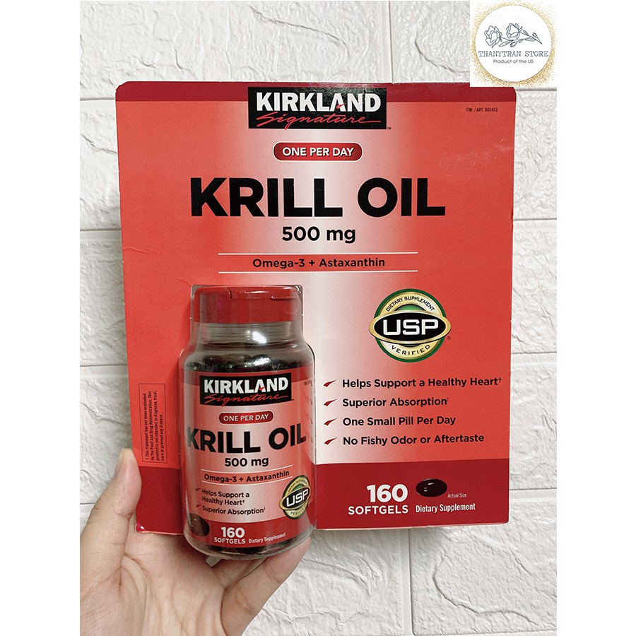 [ Date 3/2024] Dầu nhuyễn thể Kirkland Krill Oil tim mạch 500mg 160 viên của Mỹ