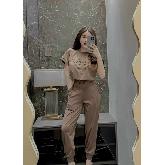 Sét bộ thời trang nữ mặc đi chơi chất cotton xin vải shop aoa in chữ tay ngắn mix quần dài