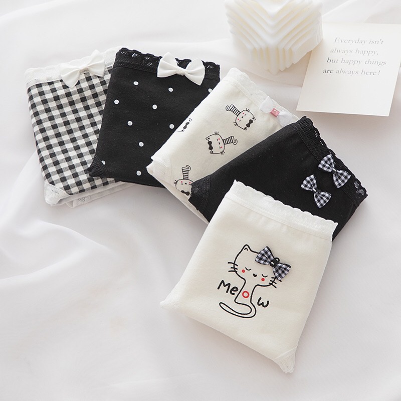 Set 5 chiếc quần lót cotton màu đen in hình con mèo dễ thương đính kèm nơ Size M