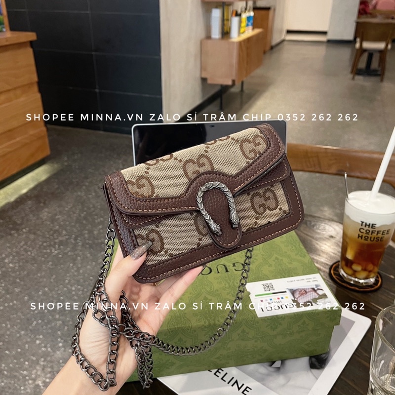 Túi Đeo Chéo Vải Dệt Chữ To Viền Màu Nâu Hàng Đẹp Rẻ