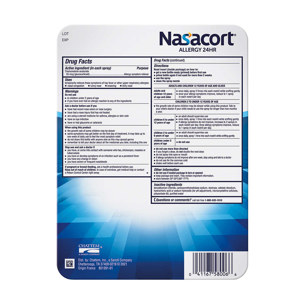 Xịt mũi giảm viêm xoang, dị ứng Nasacort Allergy 24HR, 480 Metered Sprays (16,9ml x 4 chai) của Mỹ