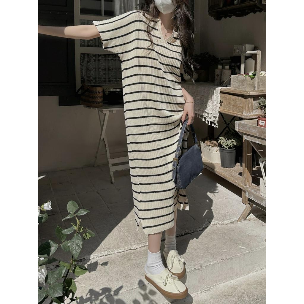 Đầm Kẻ Sọc Ngắn Tay Phong Cách Hàn Quốc Đơn Giản 62401