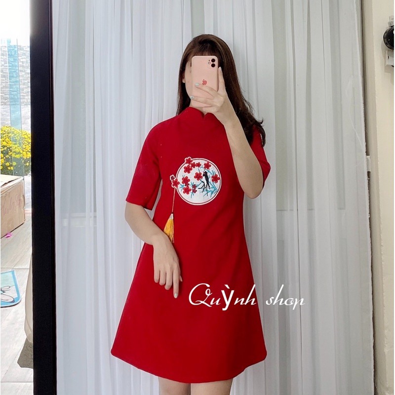 Áo dài cách tân phong cách, đầm đỏ sườn xám phối gấm hoa cao cấp | BigBuy360 - bigbuy360.vn