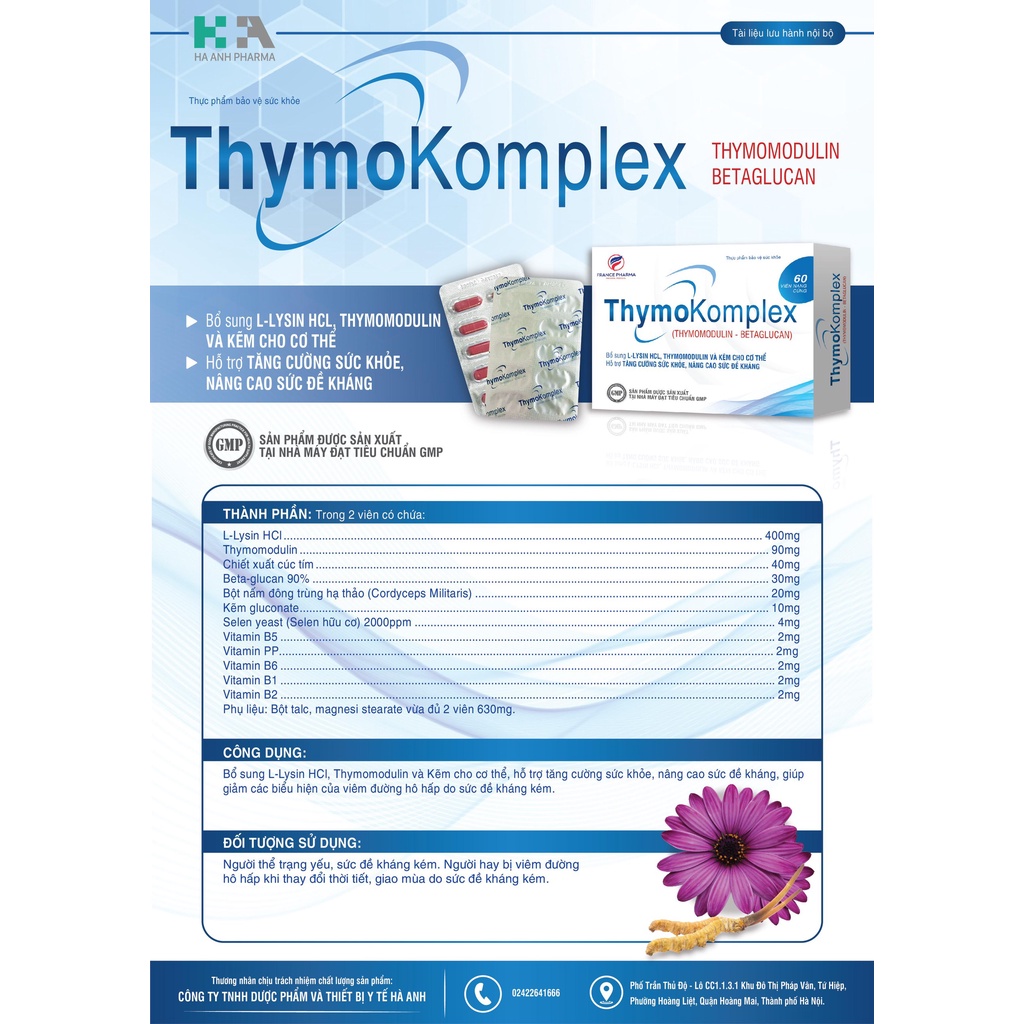 Tăng sức đề kháng -Thymokomplex, betaglucan,thymomodulin, phòng viêm đường hô hấp do virut gây ra - Hộp 60 viên