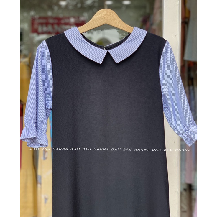 [SIZE 40-80KG] Đầm bầu công sở màu xanh đen phối sọc lịch sự vải mát không nhăn có 2 túi bên sườn dáng suông mặc gọn