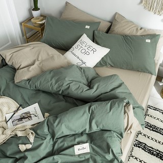 Sét chăn ga cotton tici cao cấp màu xanh rêu phối be Vintage