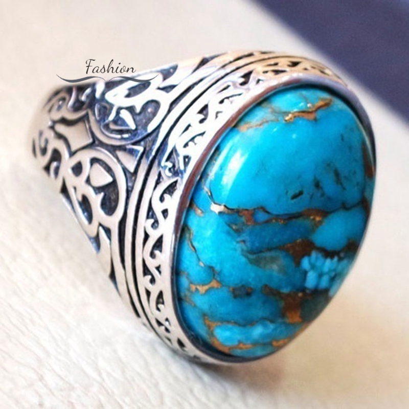 Nhẫn bạc trang trí đính đá Turquoise khắc họa tiết kiểu cổ điển thời trang cho nam và nữ