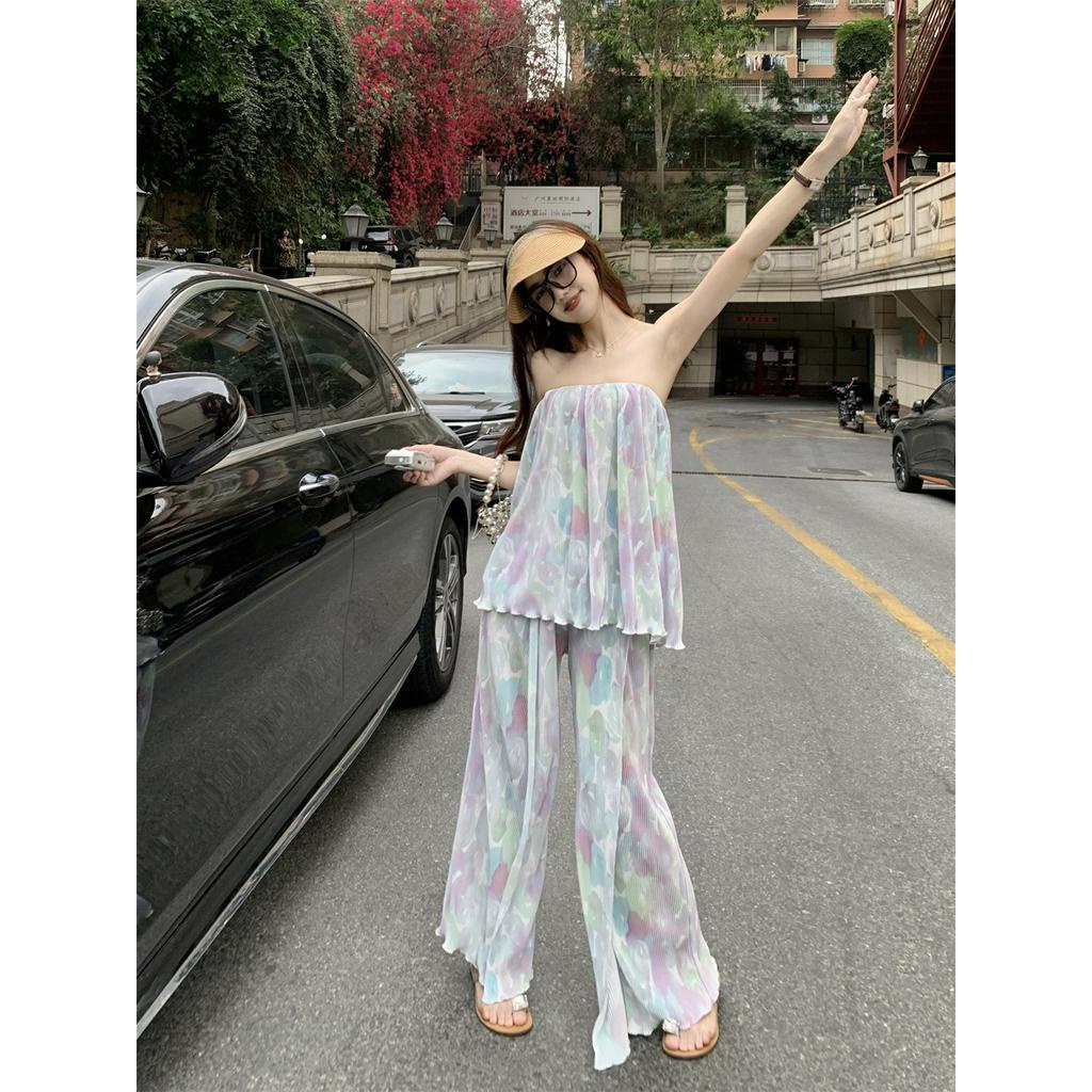 Set Áo chiffon In Họa Tiết Nhiều Màu Sắc + Quần Dài Lưng Cao Xếp Ly Ôm Dáng Thời Trang Cho Nữ