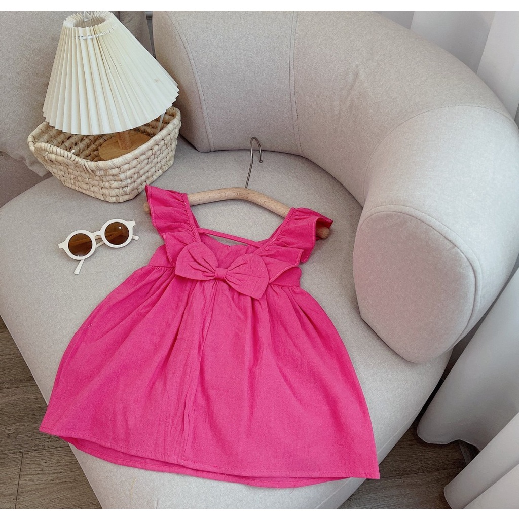 Váy 2 dây cánh tiên đính nơ lưng cho bé gái, váy cánh tiên chun ngực chất đũi sần cara mát mẻ cho bé