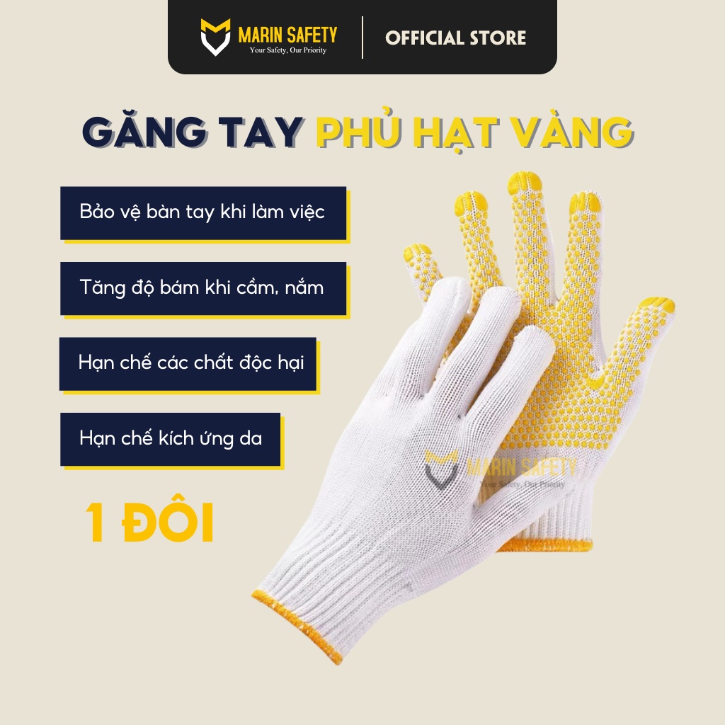 Găng tay vải trắng phủ hạt vàng, găng tay bảo hộ chất liệu vải sợi dùng để làm việc, tăng độ bám, chống trơn trượt