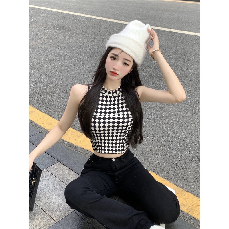 QKOOLE  Áo Croptop Sát Nách Hoạ Tiết Kẻ Caro Phong Cách Hàn Quốc Quyến Rũ