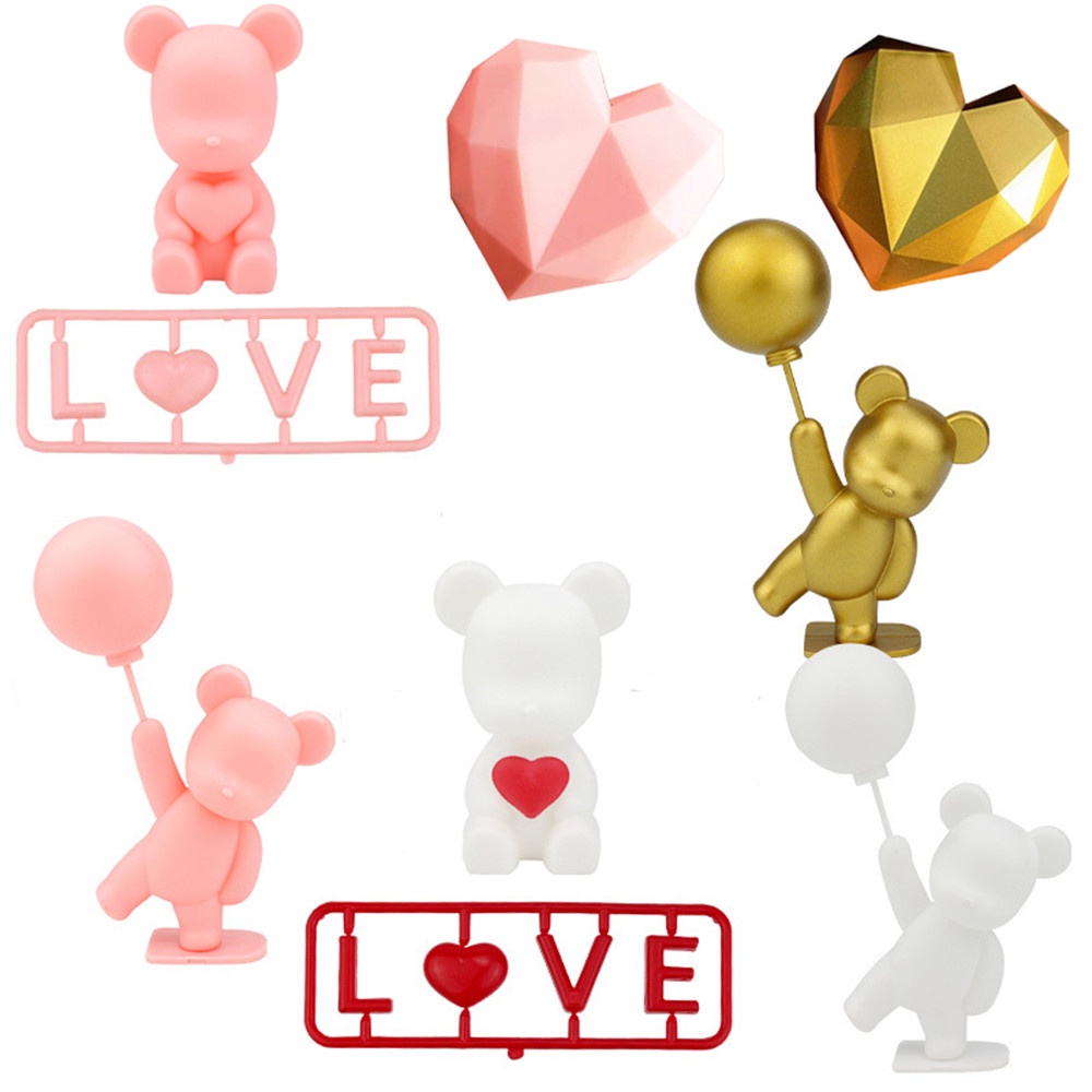 Cod Qipin Que Gắn Bánh Kem Hình Gấu Tích Hợp Đèn LED Trang Trí Bánh Sinh Nhật Tình Nhân Lãng Mạn Cho Cặp Đôi