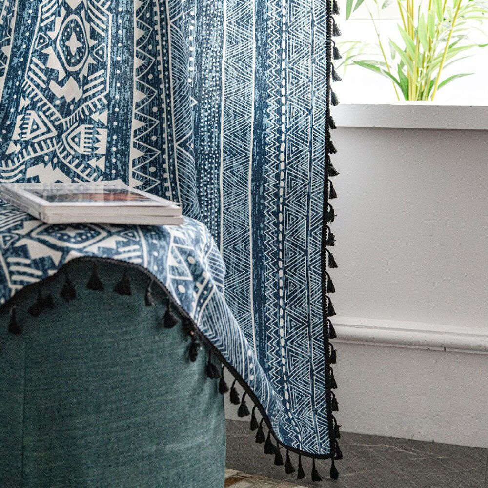 Rèm Cửa Vải Cotton Phối Tua Rua In Họa Tiết Phong Cách Bohemian Trang Trí Phòng Khách / Phòng Ngủ