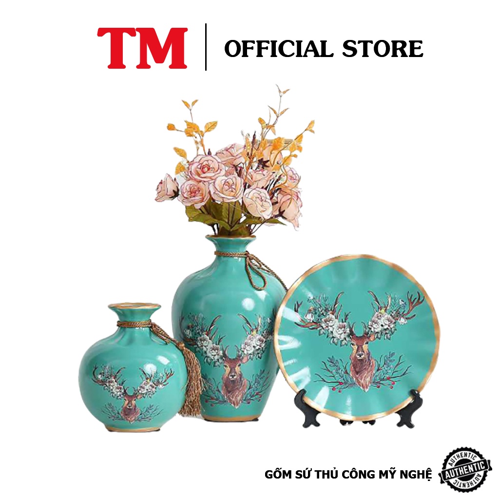 Set 3 Bình Hoa Xưởng Gốm TM Bát Tràng Họa Tiết Gốm Sứ Decor Cao Cấp (Giao mẫu ngẫu nhiên)