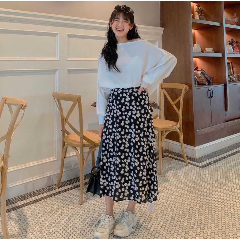 CHÂN VÁY MIDI HOA NHÍ VINTAGE ULZZANG STYLE - CHÂN VÁY HOA CÚC HỌA MI TÍM ĐEN XANH HOT | BigBuy360 - bigbuy360.vn