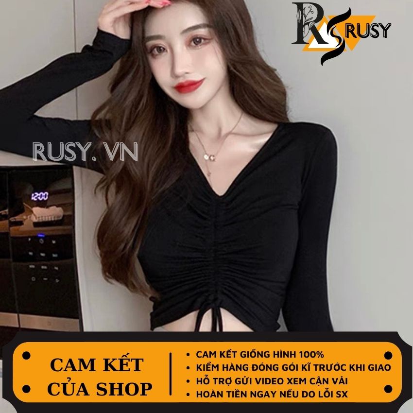 Áo Croptop Tay Dài Cổ Tim Rút Dây Kiểu Nữ Ôm Body Sexy CRT thun gân dày dặn cao cấp