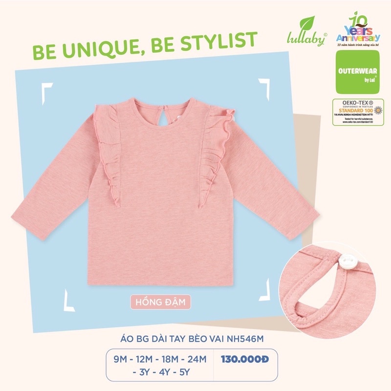 Áo dài tay bèo vai chất cotton trơn cho bé gái Lullaby NH546M(9m-5y)