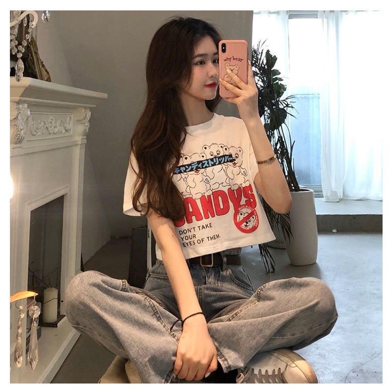 Áo Thun Crop Top Tay Ngắn Eo Cao Phong Cách Mới Quyến Rũ Dễ Phối Đồ Dành Cho Nữ @ -