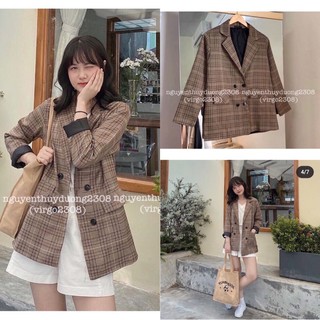 [Ảnh thật/Video]Áo blazer kẻ nâu 4 cúc Hàn Quốc/Áo blazer 2 lớp nắp túi màu kẻ nâu