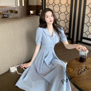 Đầm Dài Cổ Bẻ Màu Xanh Dương Phong Cách Retro Pháp Cho Nữ