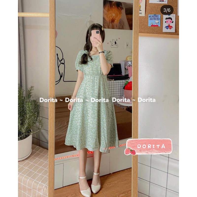 Váy hoa nhí vintage cổ vuông viền ren, Váy hoa nhí dáng dài tặng kèm Sunchies - Dorita Boutique