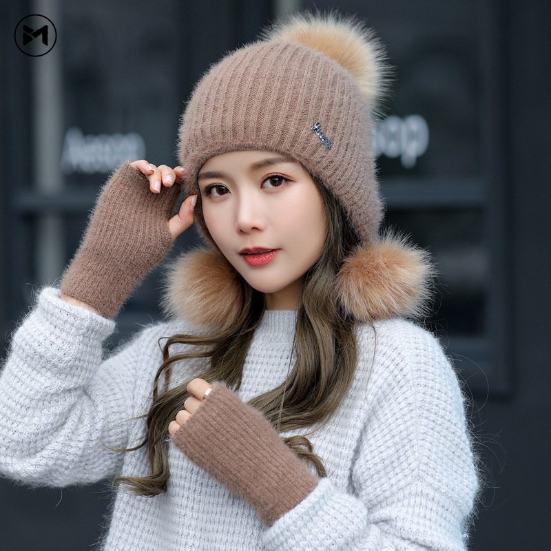 Set Mũ Len Kèm Găng Tay Giữ Ấm Mùa Đông Thời Trang Dành Cho Nữ