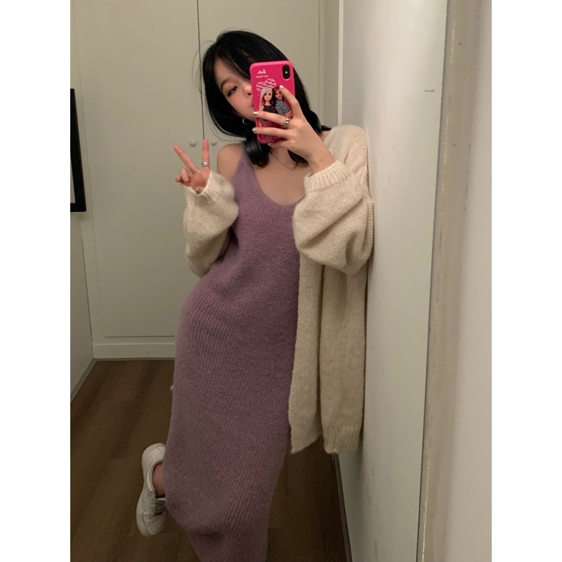 「MOTEL7」Đầm Dệt Kim Hai Dây Màu Tím + Áo Khoác Sweater Dệt Kim Dáng Rộng Mỏng Tay Dài Dây Mỏng Dễ Phối Đồ