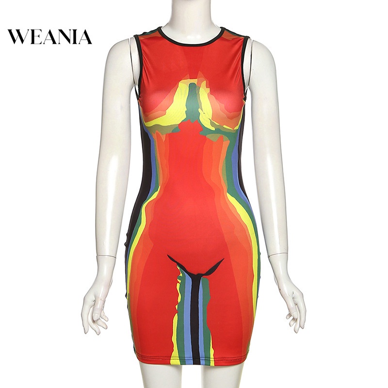 Đầm Sát Nách In Họa Tiết 3D Màu Sắc Tương Phản Thời Trang Quyến Rũ Cho Nữ