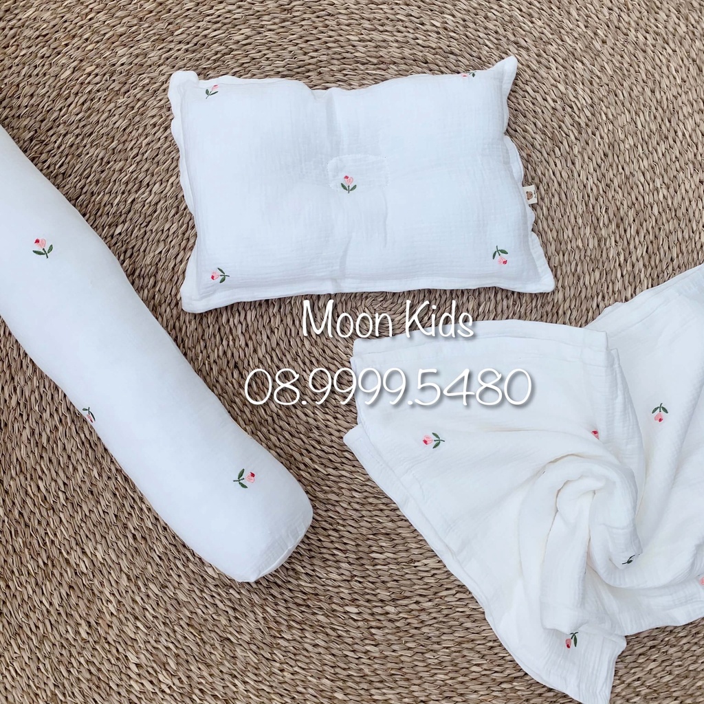 Set chăn - gối đầu - gối ôm xô muslin thêu hoạ tiết siêu mềm cho bé