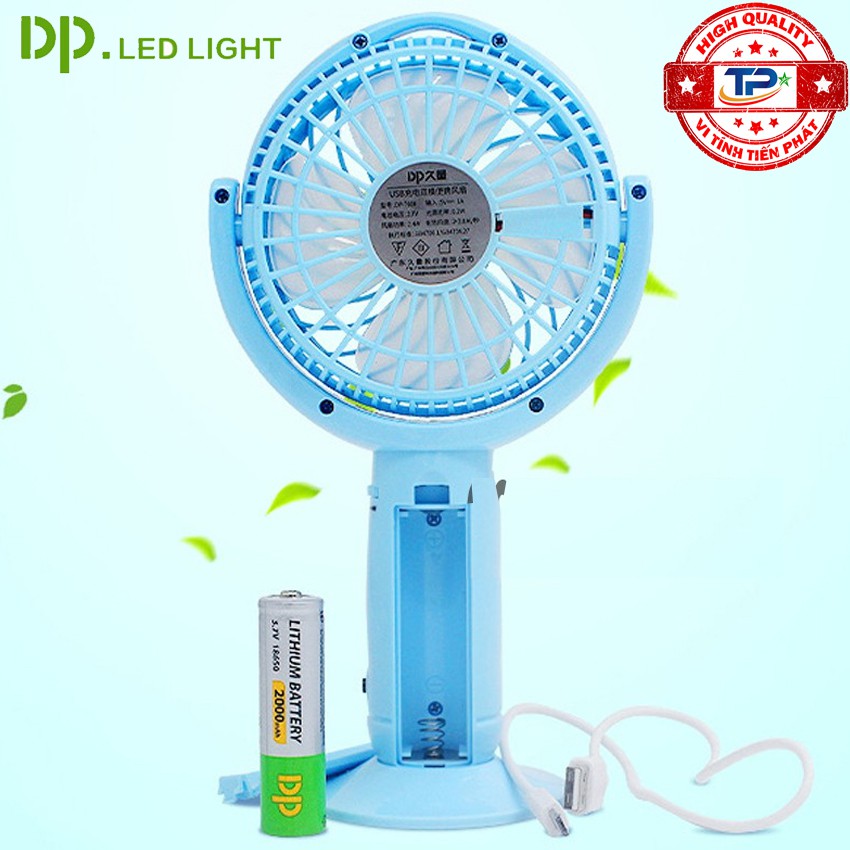 ♈Quạt sạc tích điện DP DP-7606 hợp đèn LED chiếu sáng - cầm tay hoặc để bàn (xanh)