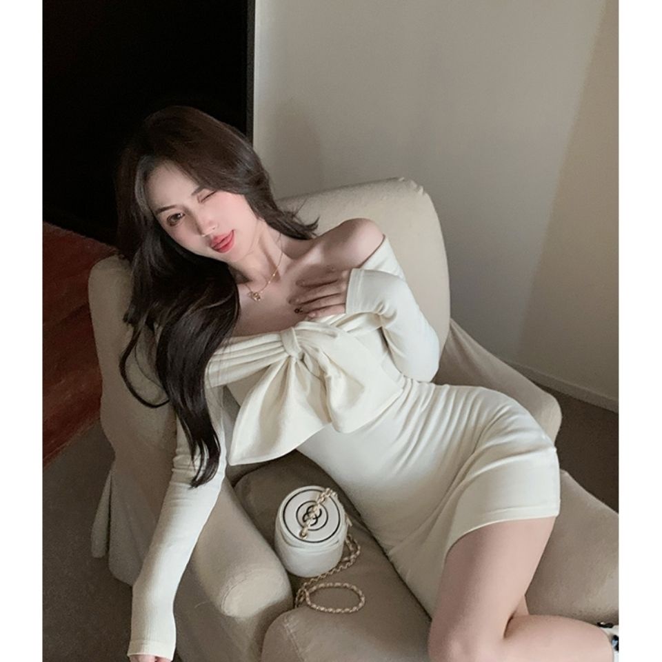 COZOK Đầm Tay Dài Dáng Ôm Thắt Nơ Vai Quyến Rũ Cho Nữ